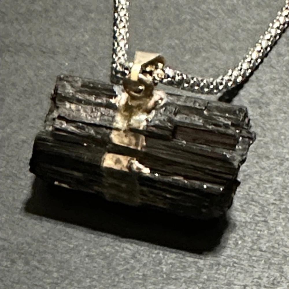 Raw Black Tourmaline Horizontal Pendant Necklace